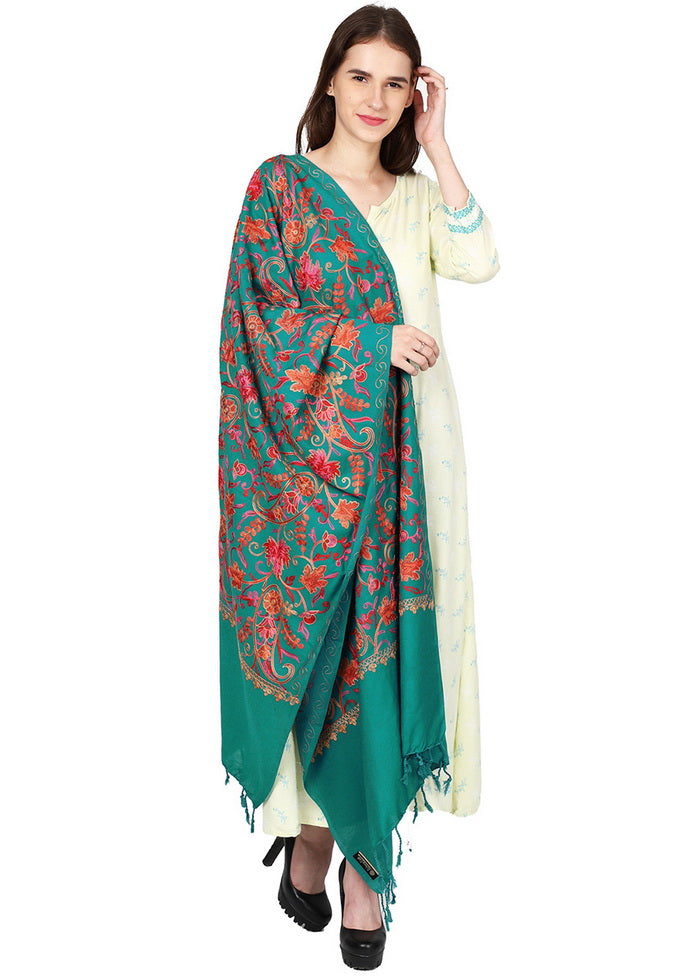 Sea Green Acro Wool Kashmiri Aari Shawl - Indian Silk House Agencies