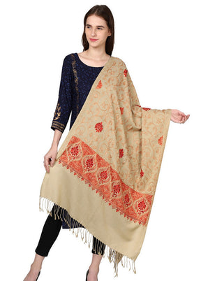 Beige Acro Wool Kashmiri Aari Shawl - Indian Silk House Agencies