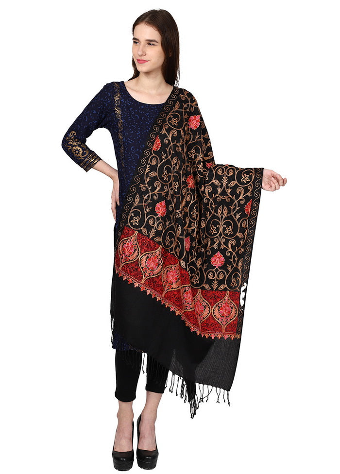 Black Acro Wool Kashmiri Aari Shawl - Indian Silk House Agencies