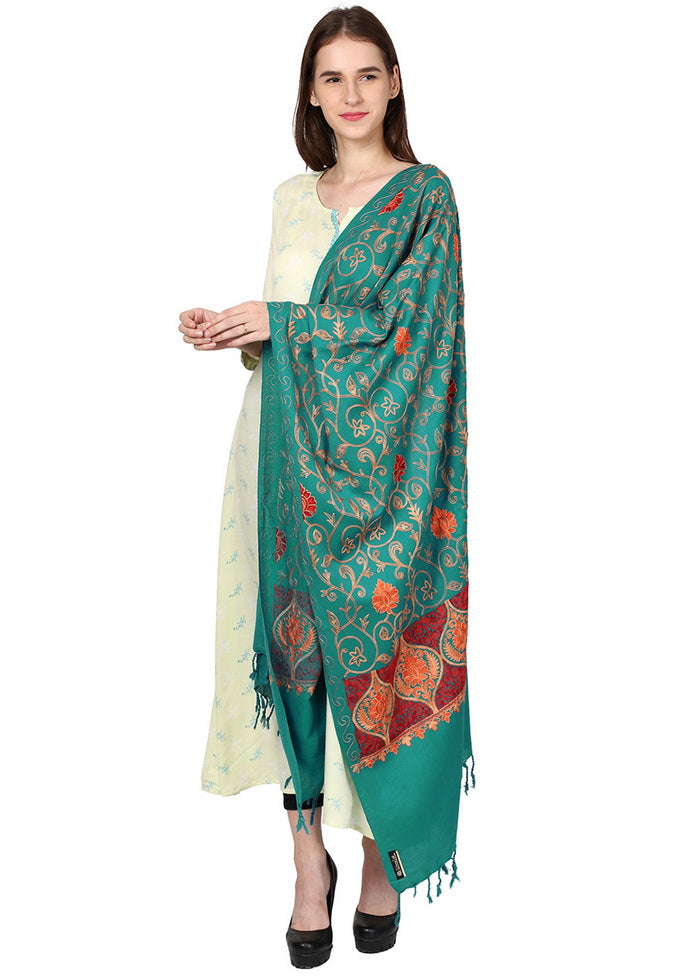 Sea Green Acro Wool Kashmiri Aari Shawl - Indian Silk House Agencies