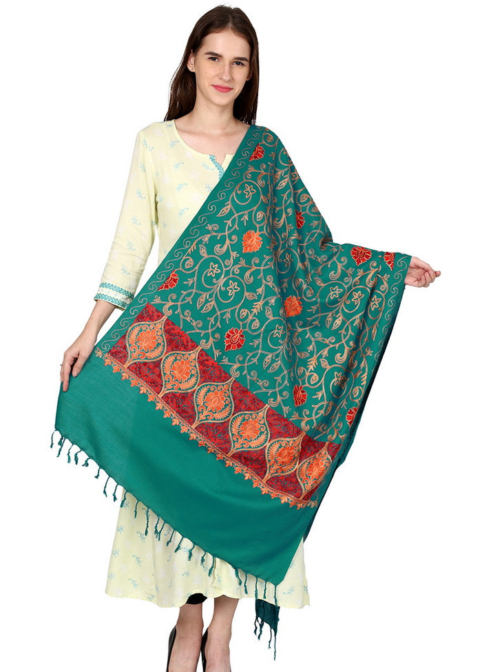 Sea Green Acro Wool Kashmiri Aari Shawl - Indian Silk House Agencies