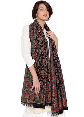 Black Poly Wool Kani Weave Shawl - Indian Silk House Agencies