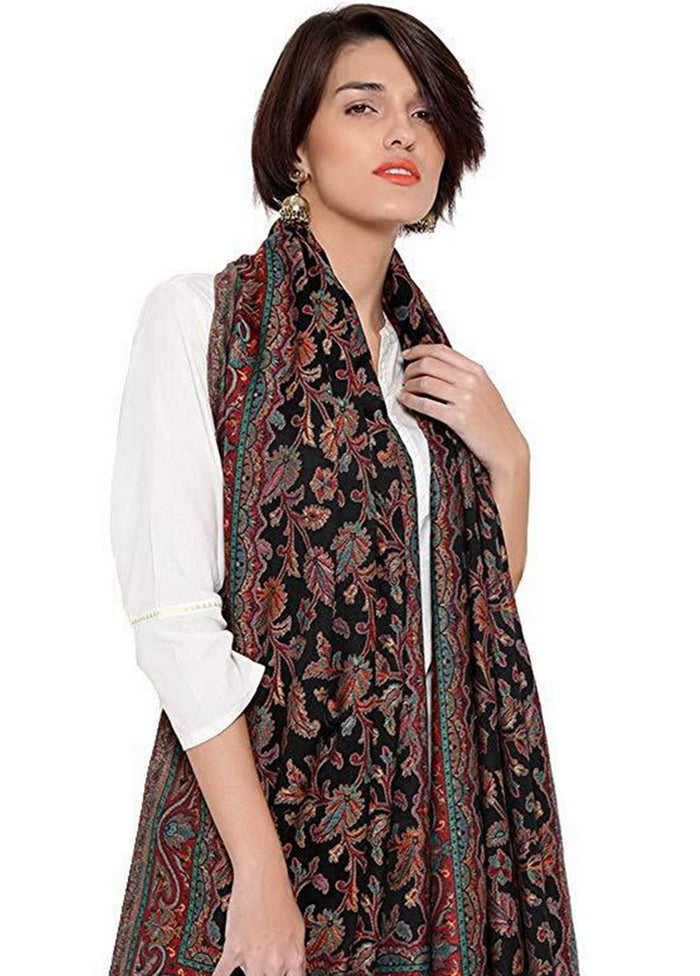 Black Poly Wool Kani Weave Shawl - Indian Silk House Agencies