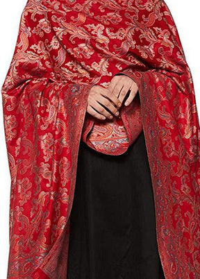 Red Poly Wool Kani Weave Shawl - Indian Silk House Agencies