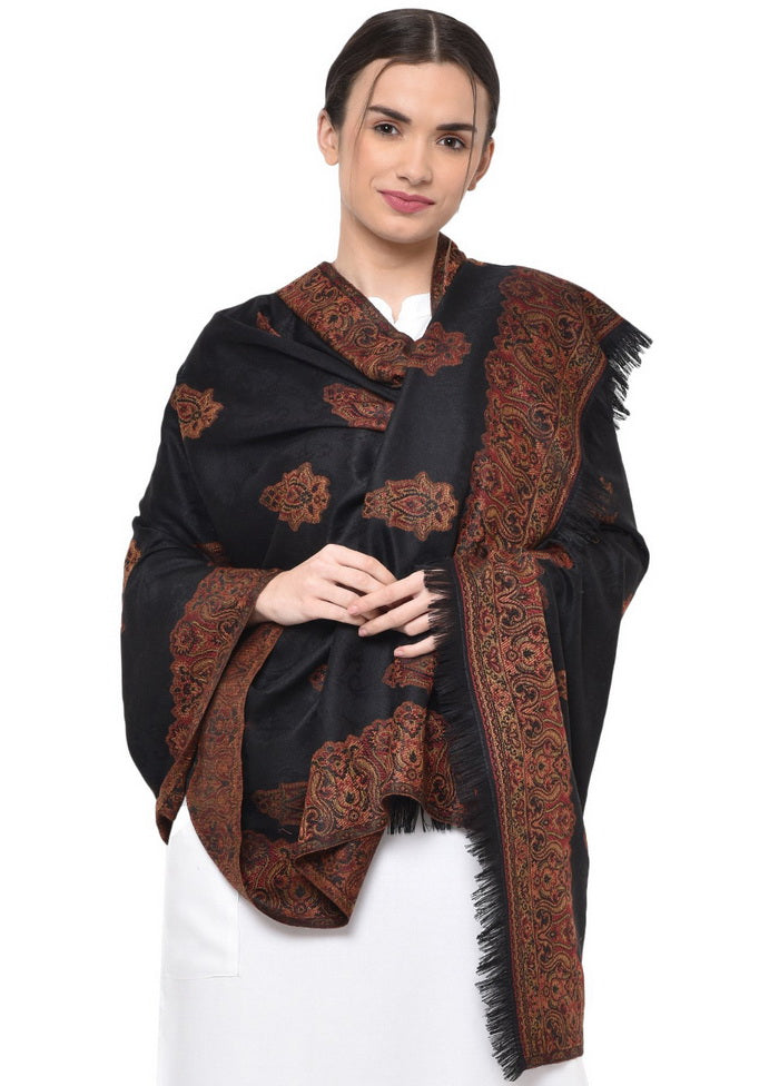 Black Poly Wool Woven Shawl - Indian Silk House Agencies