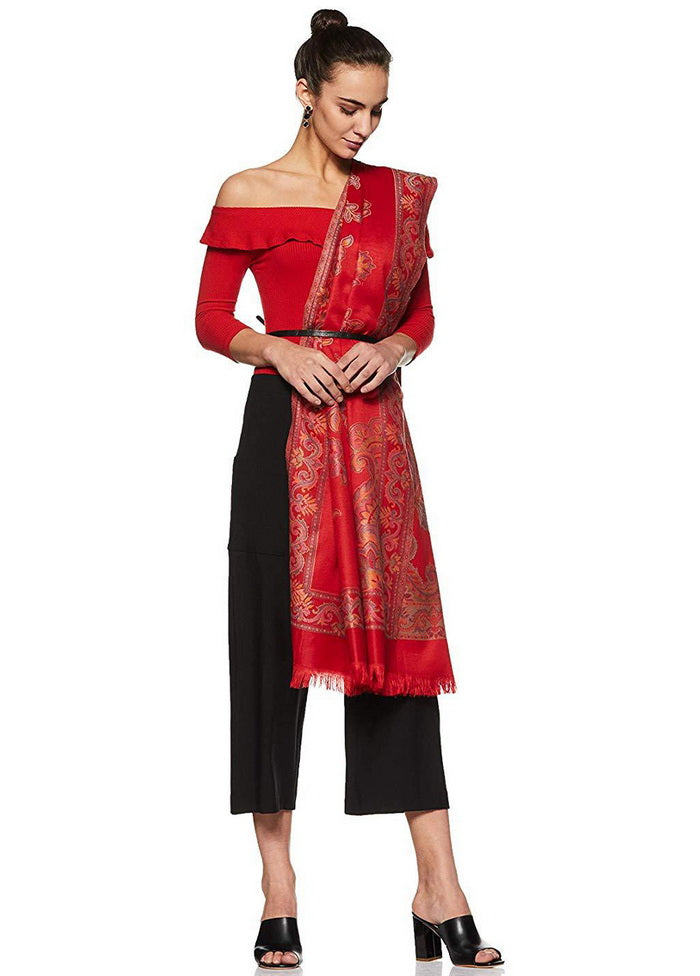 Red Poly Wool Woven Shawl - Indian Silk House Agencies