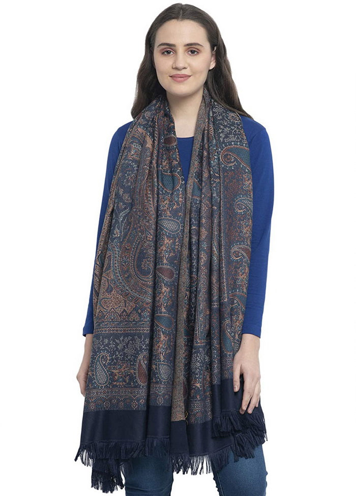 Navy Blue Poly Wool Woven Shawl - Indian Silk House Agencies