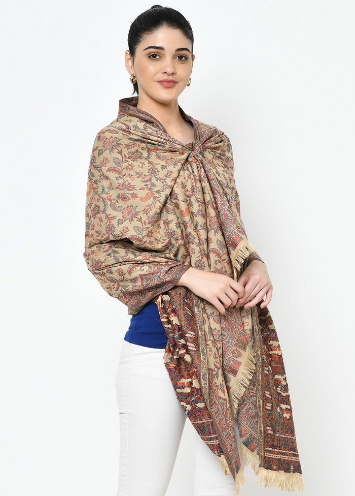 Beige Poly Wool Kalam Kari Shawl - Indian Silk House Agencies