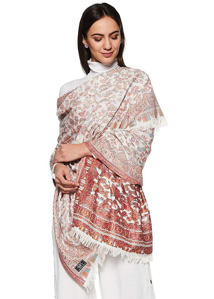 White Poly Wool Kalam Kari Shawl - Indian Silk House Agencies