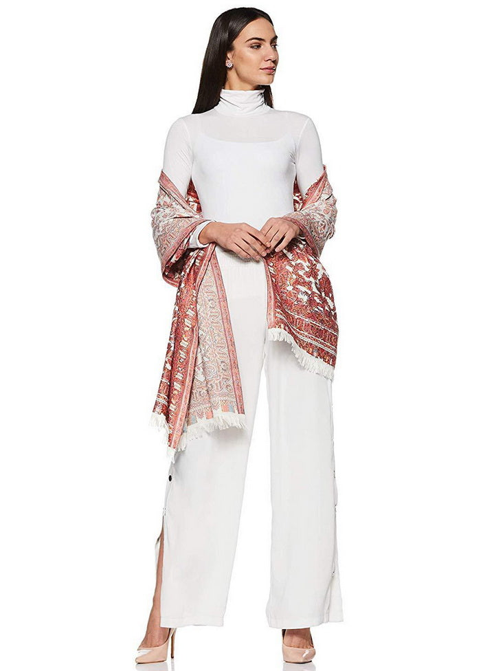 White Poly Wool Kalam Kari Shawl - Indian Silk House Agencies