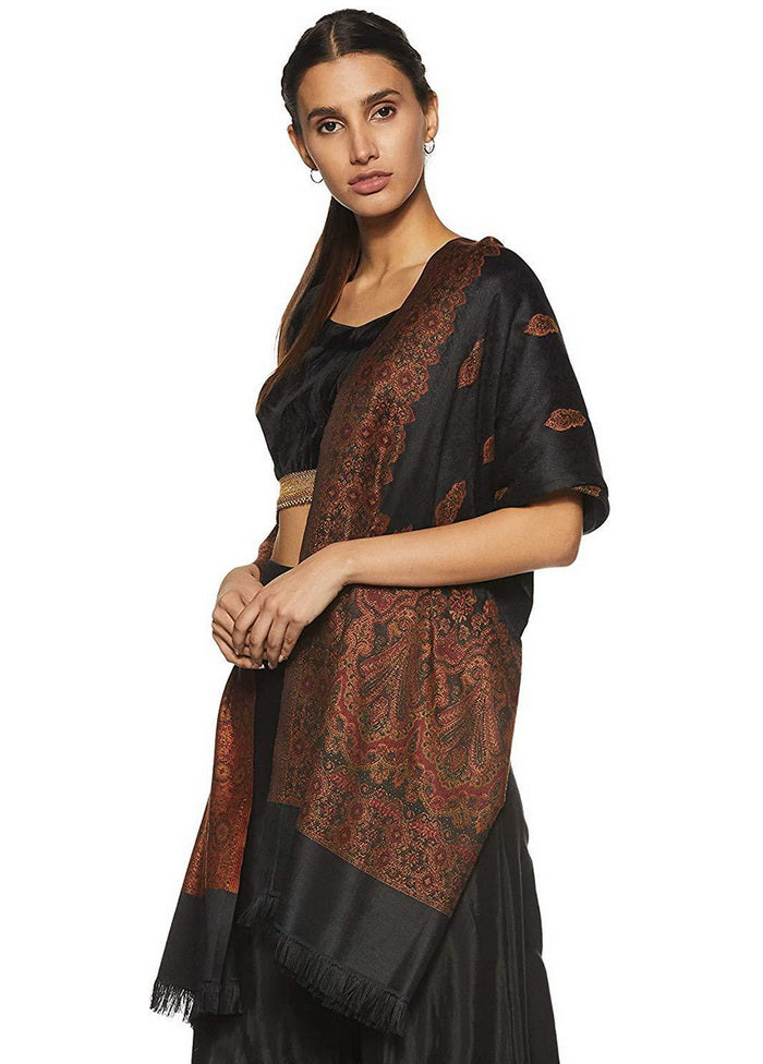 Black Poly Wool Woven Shawl - Indian Silk House Agencies