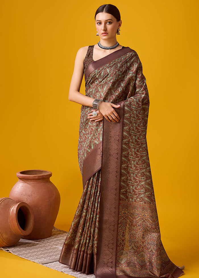 Coffee Cotton Saree With Blouse Piece