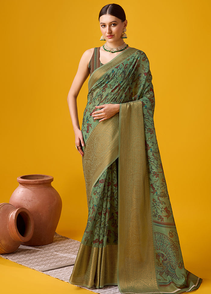 Green Cotton Saree With Blouse Piece