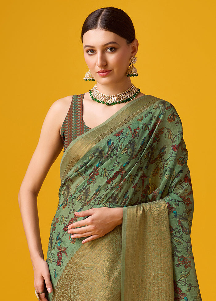 Green Cotton Saree With Blouse Piece