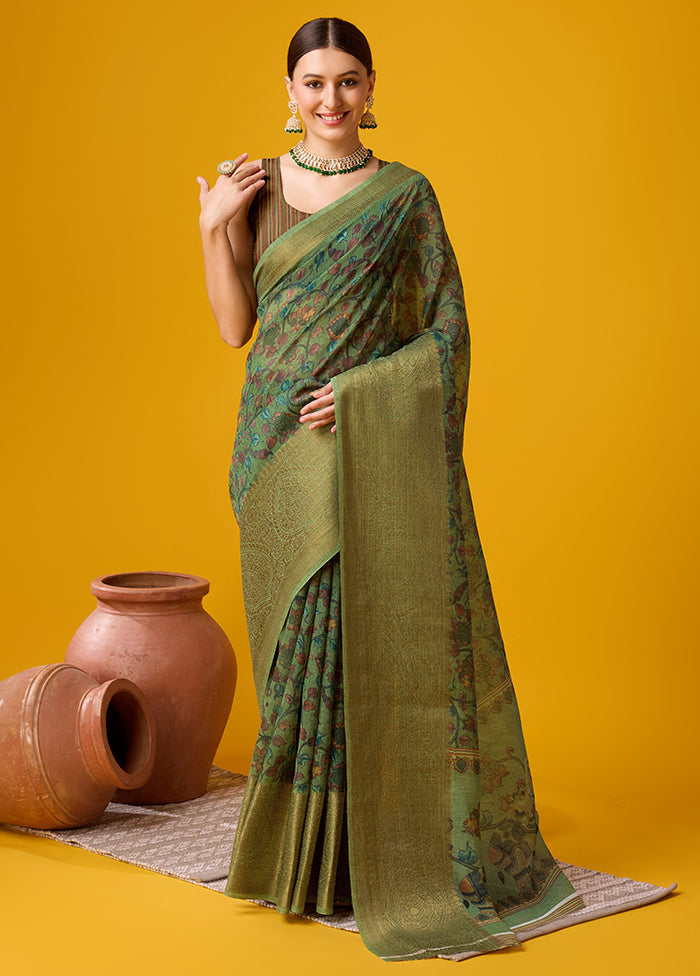 Green Cotton Saree With Blouse Piece