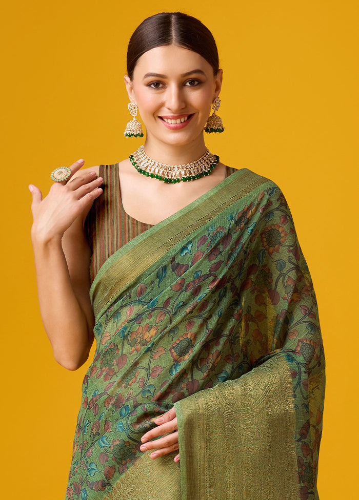 Green Cotton Saree With Blouse Piece