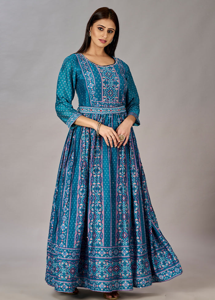 Teal Blue Readymade Silk Gown - Indian Silk House Agencies