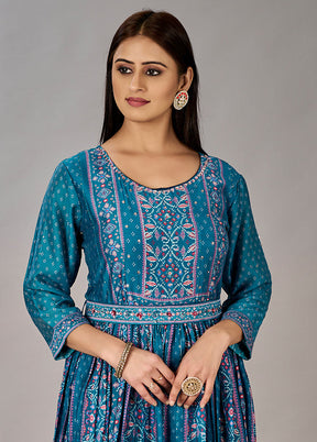 Teal Blue Readymade Silk Gown - Indian Silk House Agencies