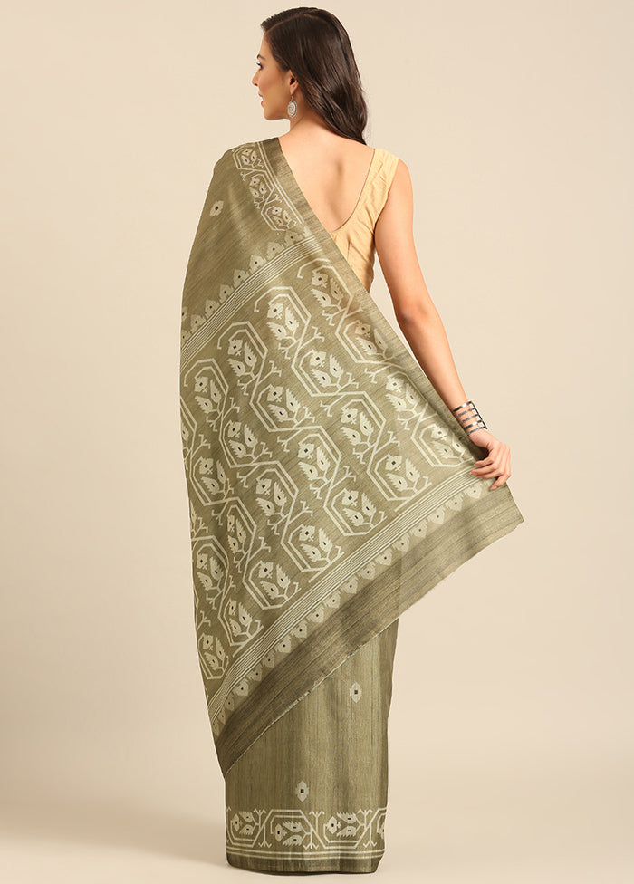 Olive Green Cotton Saree With Blouse Piece