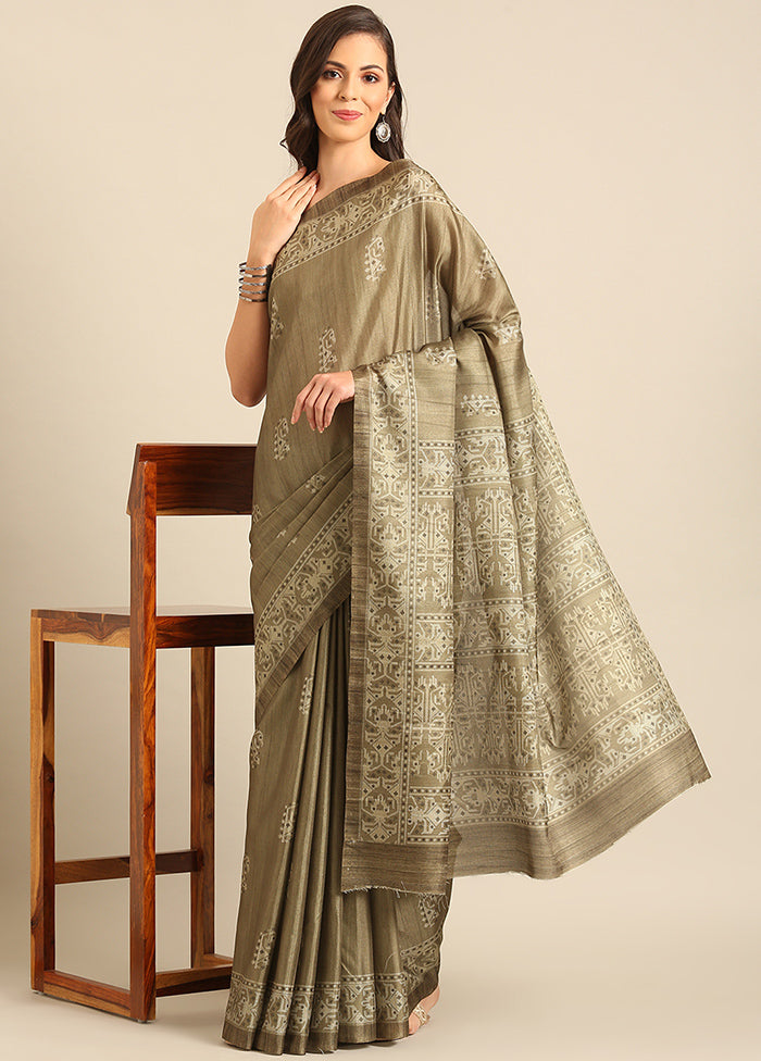 Olive Green Cotton Saree With Blouse Piece