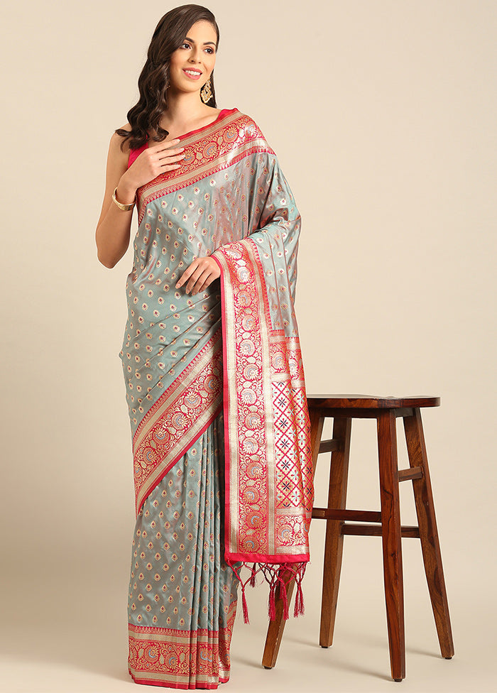 Grey Banarasi Silk Saree With Blouse Piece