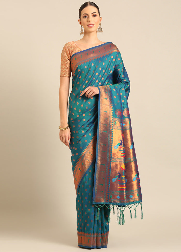 Turquoise Banarasi Silk Saree With Blouse Piece