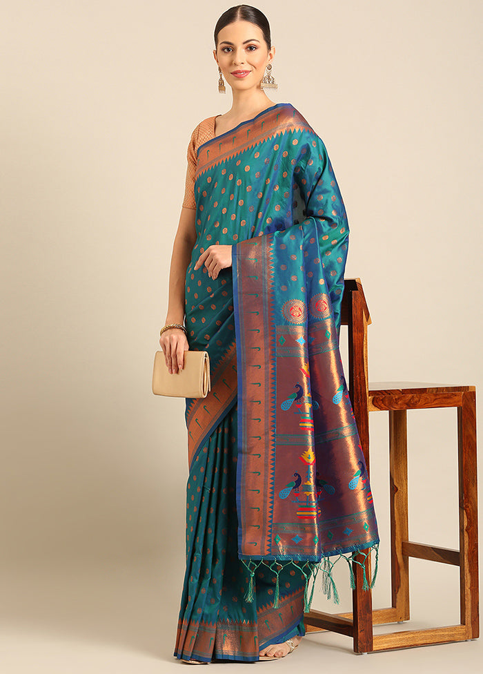 Turquoise Banarasi Silk Saree With Blouse Piece