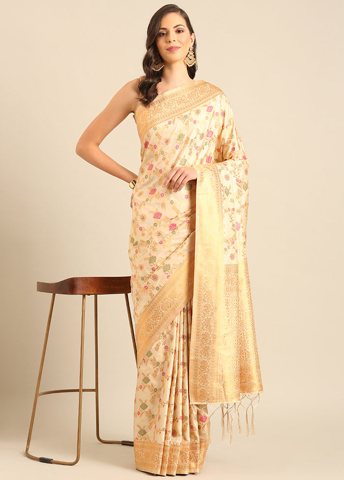 Cream Banarasi Silk Saree With Blouse Piece