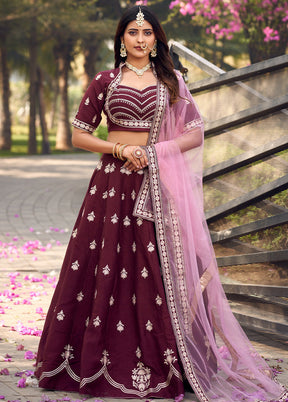 Burgundy Silk Readymade Lehenga With Dupatta