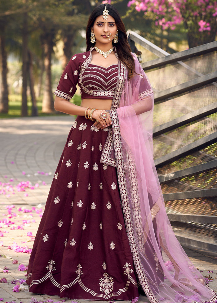 Burgundy Silk Readymade Lehenga With Dupatta