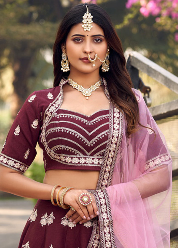 Burgundy Silk Readymade Lehenga With Dupatta