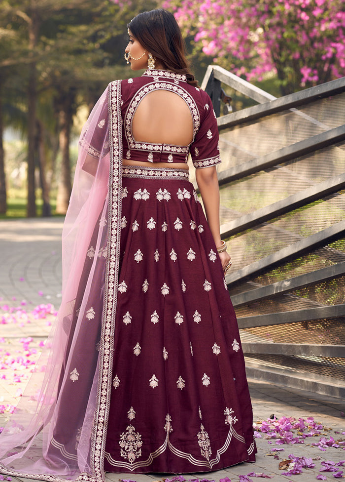 Burgundy Silk Readymade Lehenga With Dupatta