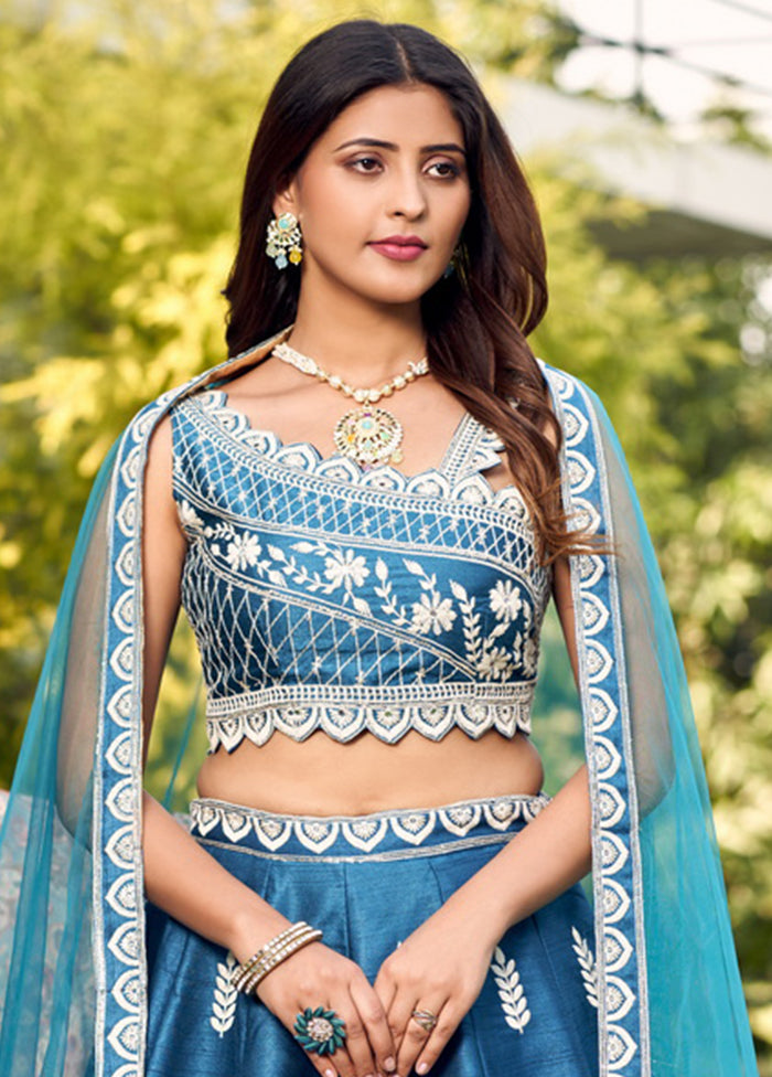 Turquoise Blue Silk Readymade Lehenga With Dupatta