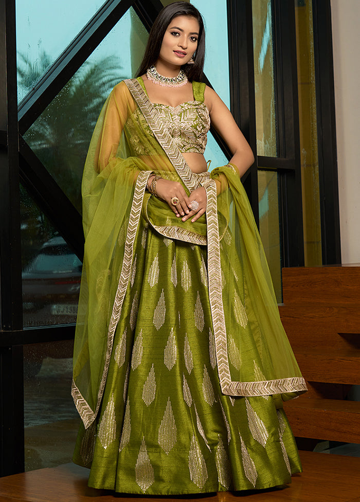 Olive Green Silk Readymade Lehenga With Dupatta