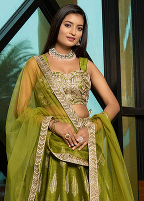 Olive Green Silk Readymade Lehenga With Dupatta