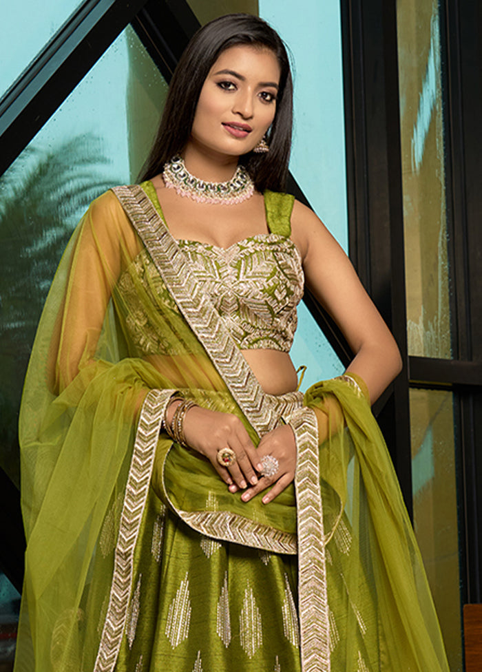 Olive Green Silk Readymade Lehenga With Dupatta