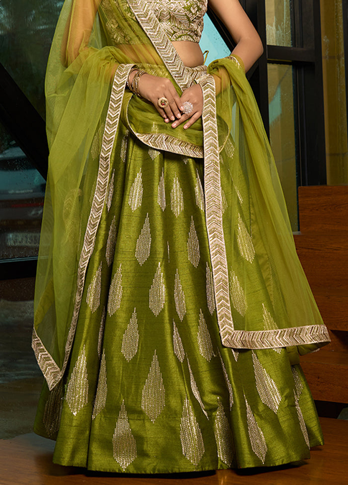 Olive Green Silk Readymade Lehenga With Dupatta