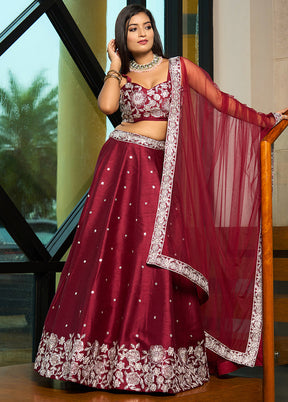 Maroon Silk Readymade Lehenga With Dupatta