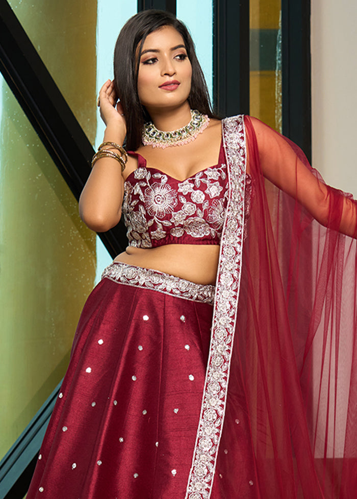 Maroon Silk Readymade Lehenga With Dupatta