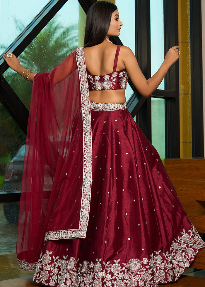 Maroon Silk Readymade Lehenga With Dupatta
