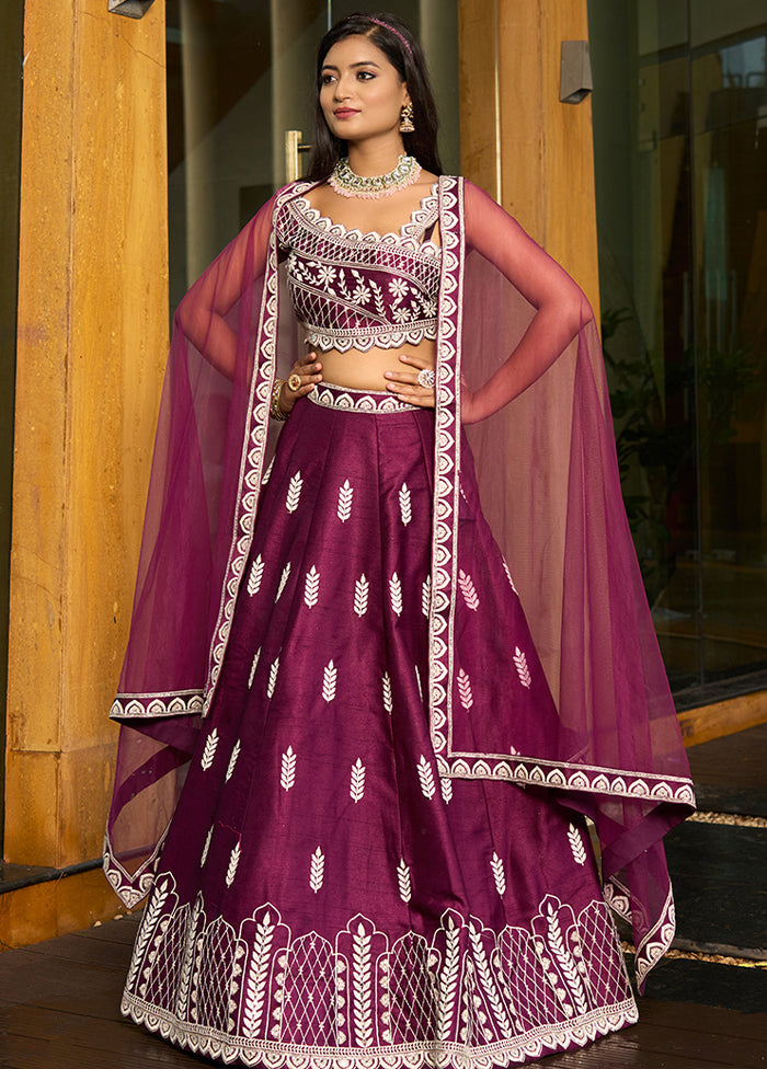 Magenta Silk Readymade Lehenga With Dupatta