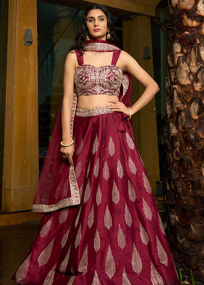 Maroon Silk Readymade Lehenga With Dupatta