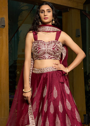 Maroon Silk Readymade Lehenga With Dupatta