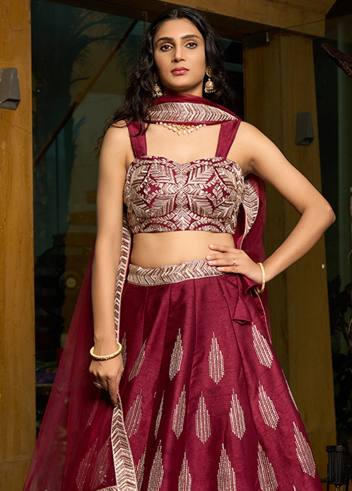 Maroon Silk Readymade Lehenga With Dupatta
