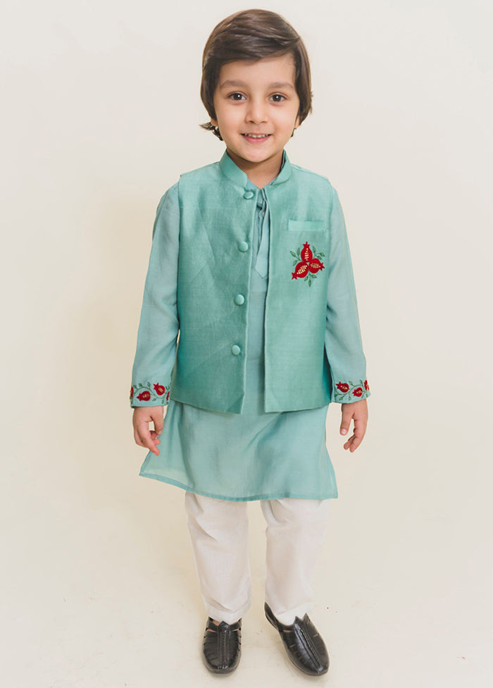 Aqua Blue Silk Kurta Pajama With Jacket For Boys - Indian Silk House Agencies