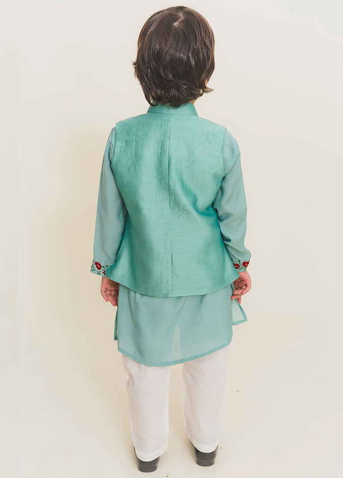 Aqua Blue Silk Kurta Pajama With Jacket For Boys - Indian Silk House Agencies