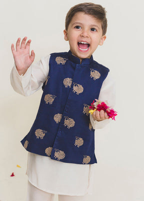 Navy Blue Cotton Kurta Pajama With Jacket For Boys - Indian Silk House Agencies