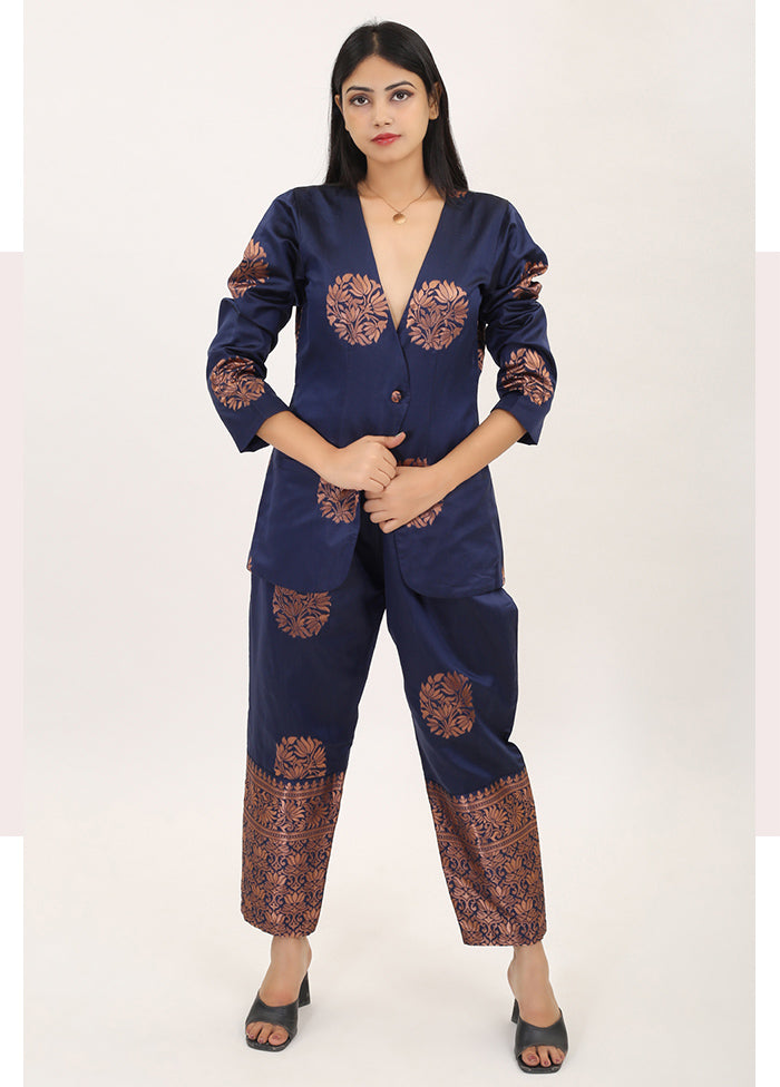 2 Pc Navy Blue Readymade Pure Silk Kurti Set - Indian Silk House Agencies