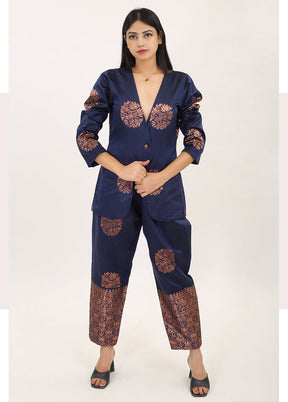 2 Pc Navy Blue Readymade Pure Silk Kurti Set - Indian Silk House Agencies