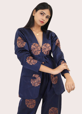 2 Pc Navy Blue Readymade Pure Silk Kurti Set - Indian Silk House Agencies